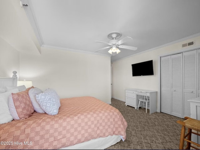 1896 New River Inlet Rd Unit 1310, North Topsail Beach, NC 28460 - carpeted bedroom with crown molding, a closet, and ceiling fan