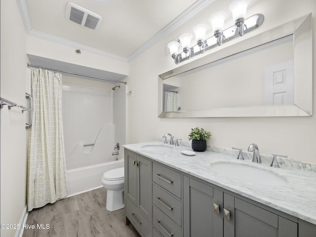 1896 New River Inlet Rd Unit 1310, North Topsail Beach, NC 28460 - full bathroom with crown molding, double vanity, shower / tub combo with curtain, and wood finished floors