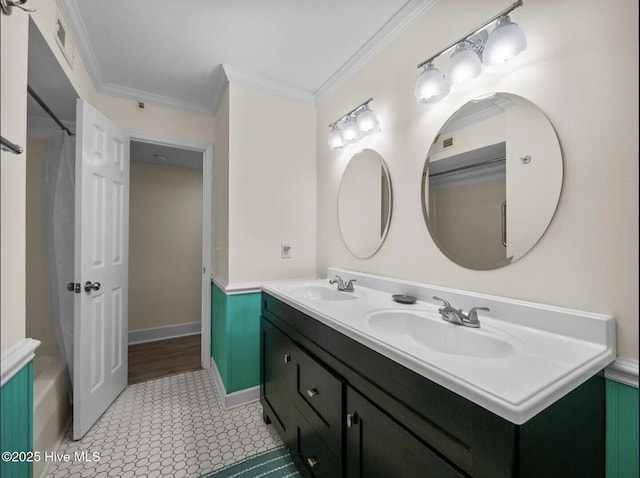 1896 New River Inlet Rd Unit 1310, North Topsail Beach, NC 28460 - bathroom with double vanity, ornamental molding, and bathing tub / shower combination