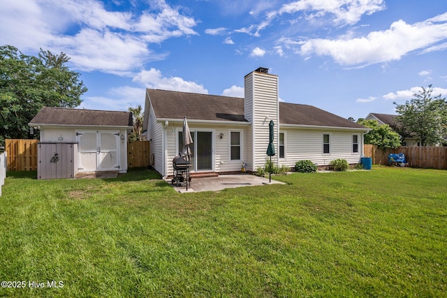 1005 Pleasant Dale Dr, Wilmington, NC 28412 - rear view of property with a shed, a patio, a fenced backyard, and a chimney