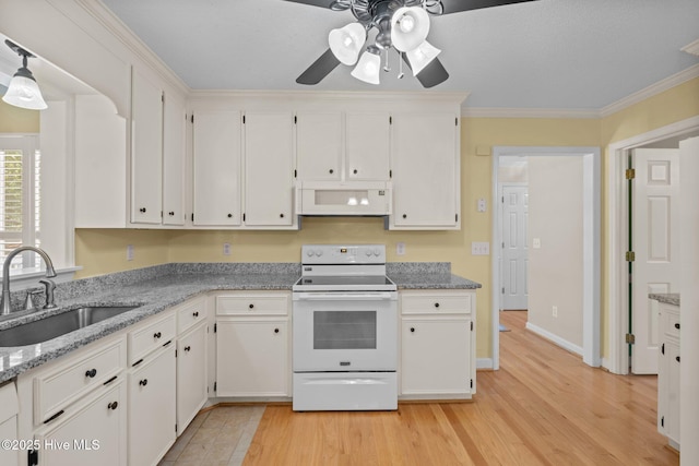 7405 Chickadee Ct, Sanford, NC 27332 - kitchen featuring white appliances, ceiling fan, light wood-type flooring, white cabinetry, and crown molding