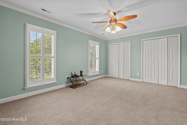 7405 Chickadee Ct, Sanford, NC 27332 - unfurnished bedroom featuring ornamental molding, multiple windows, two closets, carpet floors, and a textured ceiling