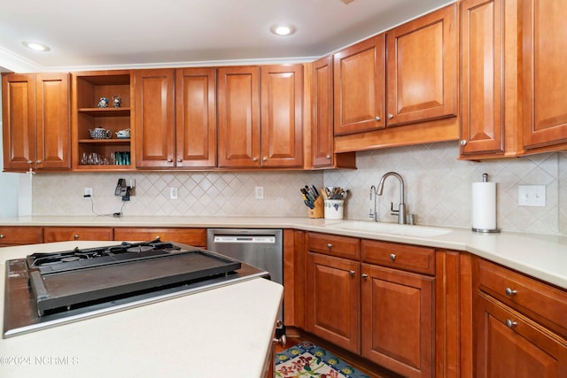 300 Midyette St Unit A15, Oriental, NC 28571 - kitchen with light countertops, backsplash, brown cabinetry, and stainless steel dishwasher