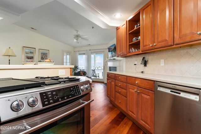 300 Midyette St Unit A15, Oriental, NC 28571 - kitchen featuring stainless steel appliances, brown cabinets, dark wood-style flooring, decorative backsplash, and open shelves