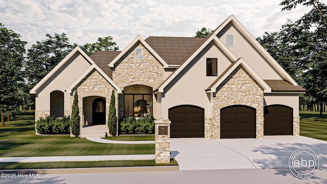 243 W Winding Way, Wallace, NC 28466 - french country inspired facade with stone siding, a front yard, and concrete driveway