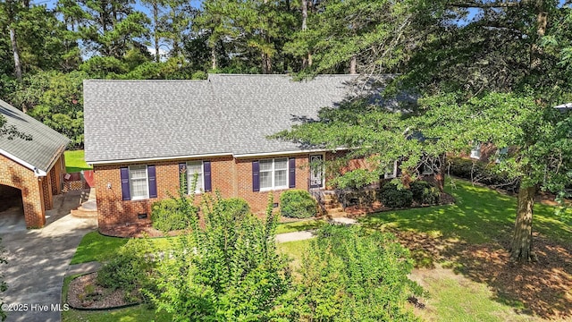 212 Evanswood Dr, Greenville, NC 27858 - view of front of house featuring crawl space, brick siding, a front lawn, and roof with shingles
