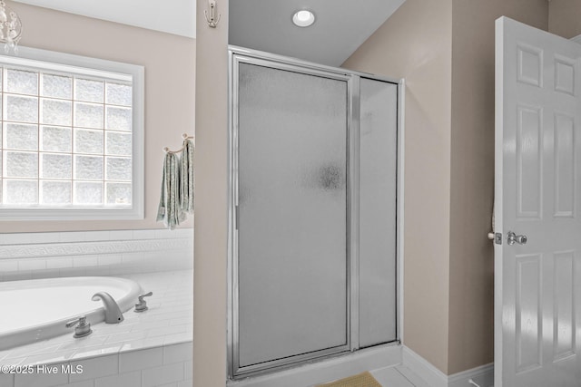 324 Foster Creek Rd, Swansboro, NC 28584 - bathroom featuring a stall shower, a garden tub, and recessed lighting