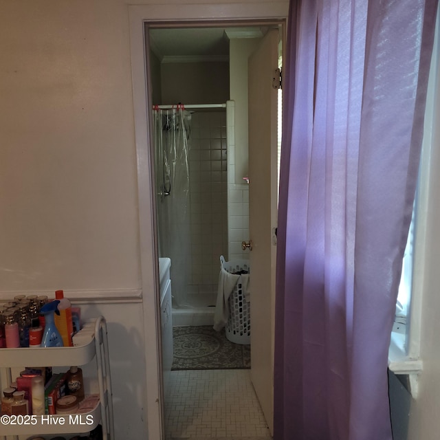 204 Tyree Rd, Kinston, NC 28504 - bathroom with a stall shower and ornamental molding