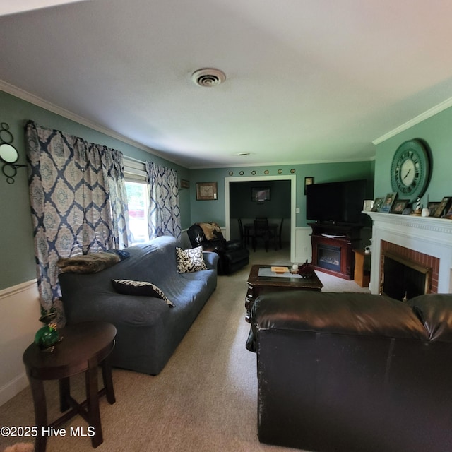 204 Tyree Rd, Kinston, NC 28504 - living area with a fireplace, crown molding, and carpet