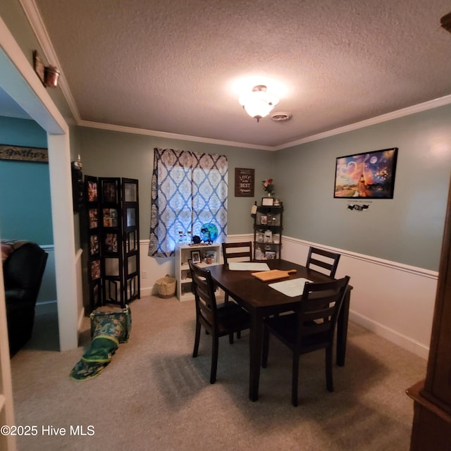 204 Tyree Rd, Kinston, NC 28504 - carpeted dining area featuring a textured ceiling, crown molding, and wainscoting