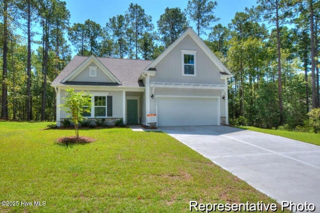 120 Forest Walk SW Unit 73, Sunset Beach, NC 28468 - craftsman house with concrete driveway, a garage, a front lawn, and board and batten siding