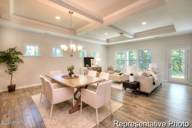 120 Forest Walk SW Unit 73, Sunset Beach, NC 28468 - dining space featuring a chandelier, wood-type flooring, plenty of natural light, beam ceiling, and coffered ceiling