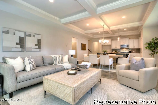 120 Forest Walk SW Unit 73, Sunset Beach, NC 28468 - living room featuring a chandelier, coffered ceiling, beamed ceiling, recessed lighting, and crown molding