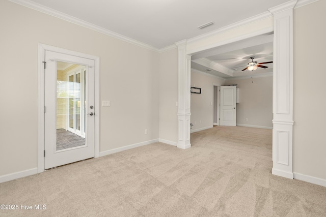 2955 Moorings Way SE, Southport, NC 28461 - empty room with crown molding, a ceiling fan, ornate columns, and carpet