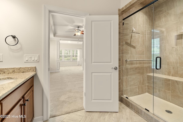 2955 Moorings Way SE, Southport, NC 28461 - full bath with a stall shower, vanity, and a ceiling fan
