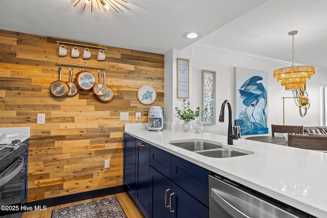 8801 Reed Dr Unit 303W, Emerald Isle, NC 28594 - kitchen with stainless steel dishwasher, blue cabinetry, wooden walls, range with electric cooktop, and ornamental molding