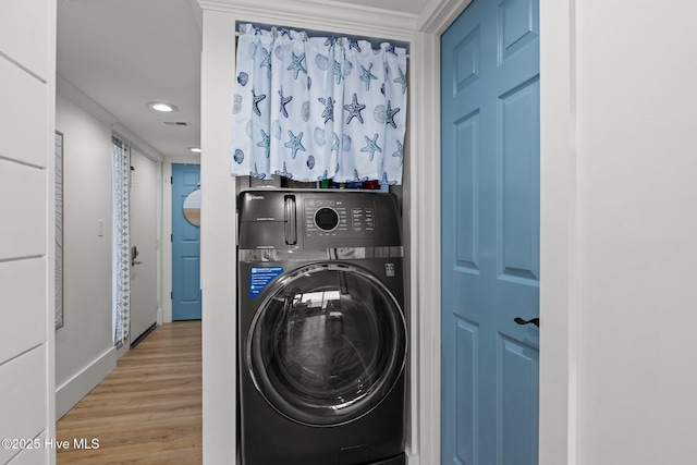 8801 Reed Dr Unit 303W, Emerald Isle, NC 28594 - laundry area featuring washer / clothes dryer, ornamental molding, recessed lighting, and wood finished floors
