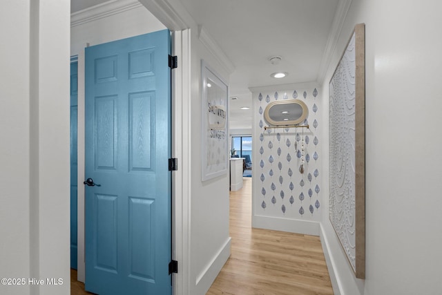8801 Reed Dr Unit 303W, Emerald Isle, NC 28594 - hallway with crown molding, wood finished floors, and recessed lighting
