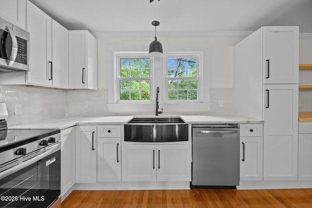 25967 US-264, Pantego, NC 27860 - kitchen with stainless steel appliances, decorative backsplash, light wood-style floors, and crown molding