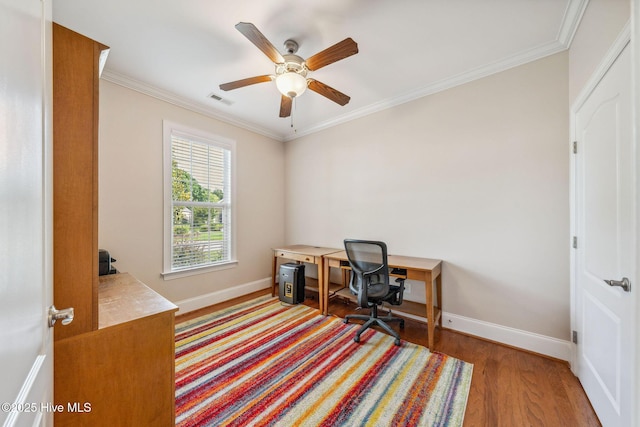 3716 Pond Pine Ct, Southport, NC 28461 - office area featuring wood finished floors, ornamental molding, and ceiling fan