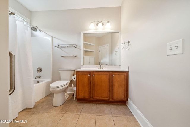3716 Pond Pine Ct, Southport, NC 28461 - bathroom with tile patterned floors, shower / bathtub combination with curtain, and vanity