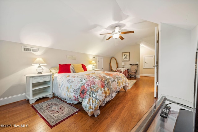 3716 Pond Pine Ct, Southport, NC 28461 - bedroom with hardwood / wood-style floors, lofted ceiling, and ceiling fan