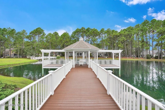 3716 Pond Pine Ct, Southport, NC 28461 - dock area featuring a gazebo, a water view, and view of wooded area
