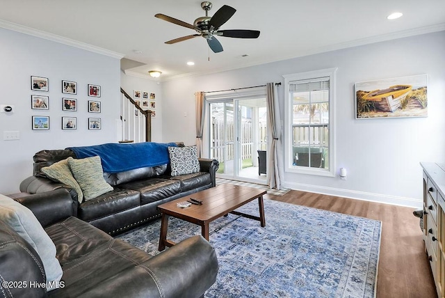1022 Summer Woods Dr, Wilmington, NC 28412 - living area with wood finished floors, ceiling fan, stairway, ornamental molding, and recessed lighting