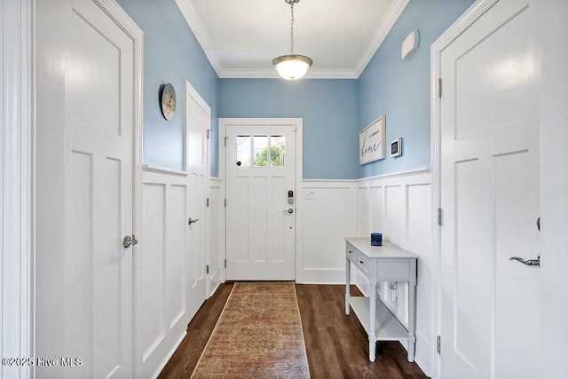1022 Summer Woods Dr, Wilmington, NC 28412 - entryway featuring a decorative wall, a wainscoted wall, ornamental molding, and dark wood-type flooring