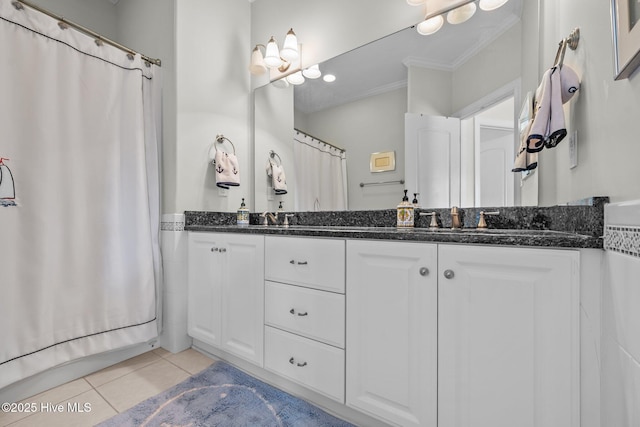 120 Windjammer Dr, Surf City, NC 28445 - full bath with ornamental molding, double vanity, tile patterned floors, and a shower with shower curtain