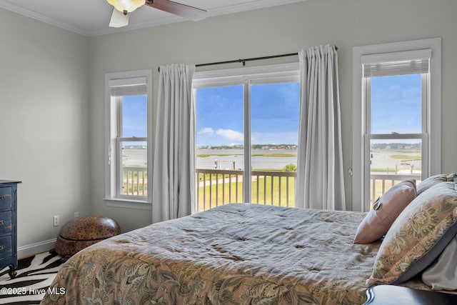 120 Windjammer Dr, Surf City, NC 28445 - bedroom with access to outside, crown molding, and a ceiling fan