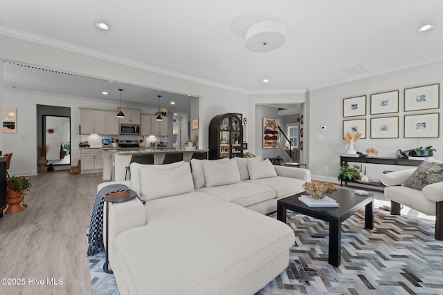 3 Glen Ross Dr, Pinehurst, NC 28374 - living area with ornamental molding, light wood-style flooring, recessed lighting, and stairway