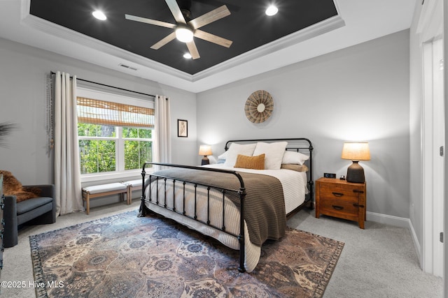 3 Glen Ross Dr, Pinehurst, NC 28374 - bedroom featuring a raised ceiling, crown molding, carpet flooring, ceiling fan, and recessed lighting