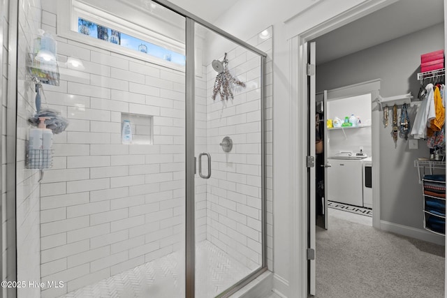 3 Glen Ross Dr, Pinehurst, NC 28374 - full bathroom featuring a shower stall, a walk in closet, and washer and clothes dryer