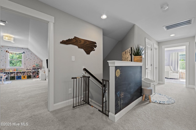 3 Glen Ross Dr, Pinehurst, NC 28374 - hallway featuring an upstairs landing, carpet, vaulted ceiling, and recessed lighting
