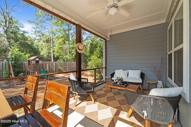 3 Glen Ross Dr, Pinehurst, NC 28374 - sunroom featuring an outdoor hangout area and a ceiling fan