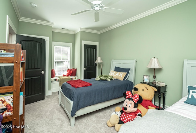 595 Wicklow Sq SW, Ocean Isle Beach, NC 28469 - bedroom featuring ornamental molding, light carpet, and ceiling fan