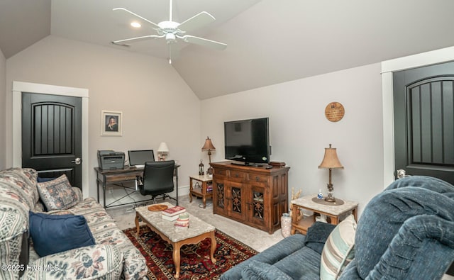 595 Wicklow Sq SW, Ocean Isle Beach, NC 28469 - carpeted living area featuring lofted ceiling, ceiling fan, and a desk