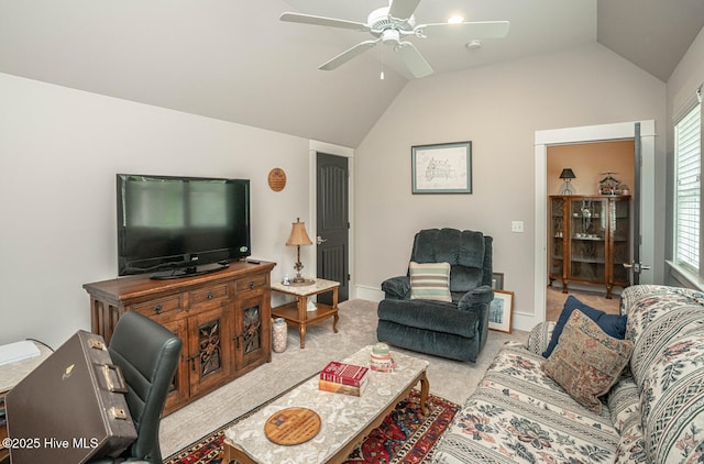 595 Wicklow Sq SW, Ocean Isle Beach, NC 28469 - living room with vaulted ceiling, ceiling fan, and carpet flooring