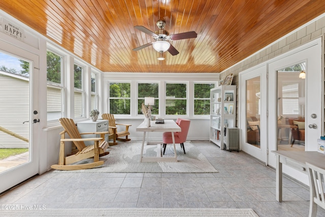 103 Coppers Trl, Wilmington, NC 28411 - sunroom / solarium featuring wood ceiling, radiator heating unit, healthy amount of natural light, and ceiling fan
