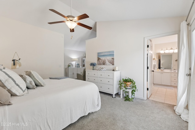103 Coppers Trl, Wilmington, NC 28411 - bedroom with light colored carpet, connected bathroom, a ceiling fan, and high vaulted ceiling