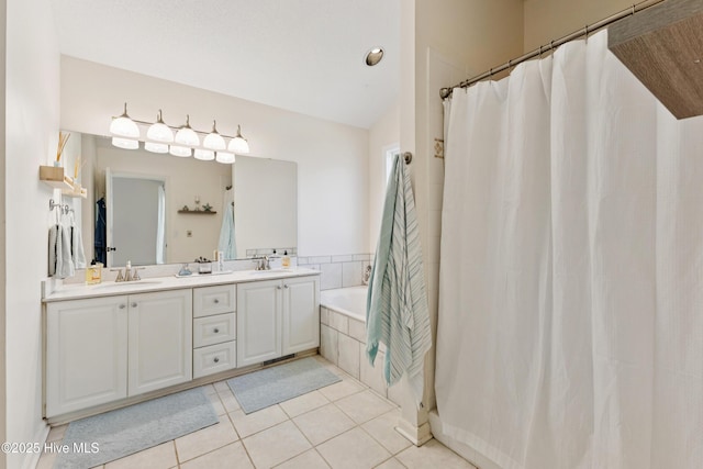 103 Coppers Trl, Wilmington, NC 28411 - full bathroom featuring tile patterned flooring, double vanity, curtained shower, a bathtub, and vaulted ceiling