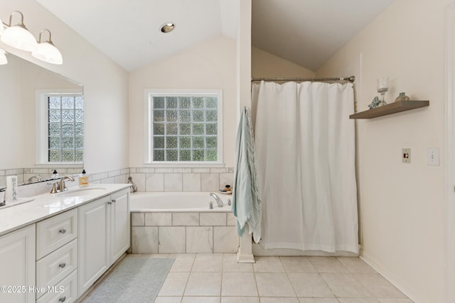 103 Coppers Trl, Wilmington, NC 28411 - full bath with double vanity, lofted ceiling, a bath, tile patterned flooring, and curtained shower