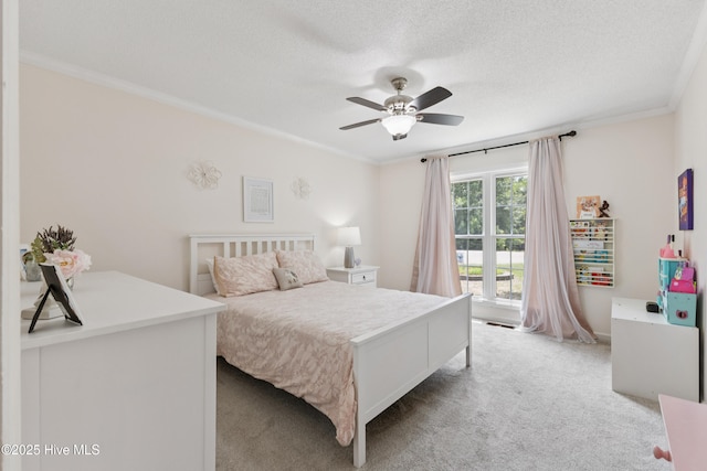 103 Coppers Trl, Wilmington, NC 28411 - bedroom featuring crown molding, light colored carpet, a textured ceiling, and ceiling fan