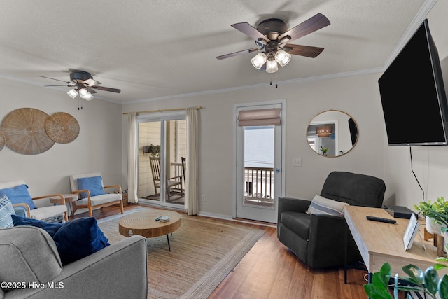 1004 Carolina Beach Ave S Unit B6, Carolina Beach, NC 28428 - living room with a ceiling fan, wood finished floors, a textured ceiling, and ornamental molding