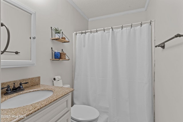 1004 Carolina Beach Ave S Unit B6, Carolina Beach, NC 28428 - bathroom with ornamental molding, vanity, a textured ceiling, and a shower with curtain