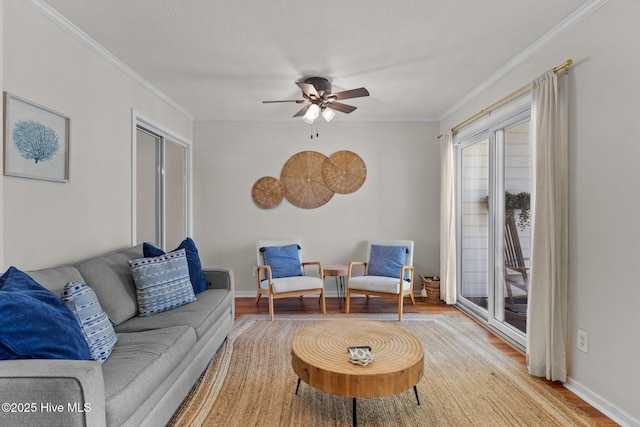 1004 Carolina Beach Ave S Unit B6, Carolina Beach, NC 28428 - living room featuring wood finished floors, a ceiling fan, and crown molding