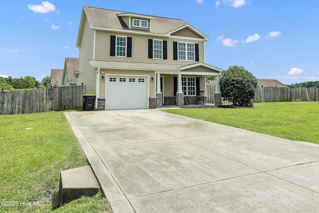 203 Mccain St, Beulaville, NC 28518 - view of front facade with covered porch, driveway, a garage, stone siding, and roof with shingles