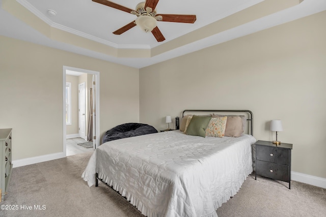 203 Mccain St, Beulaville, NC 28518 - bedroom with carpet flooring, a tray ceiling, ornamental molding, a ceiling fan, and ensuite bathroom