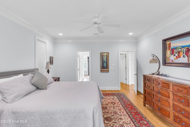 1514 Grandiflora Dr, Leland, NC 28451 - bedroom with light wood-style flooring, ornamental molding, recessed lighting, and a ceiling fan